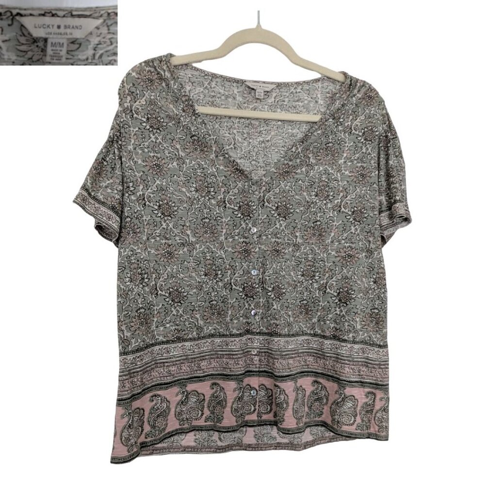 Lucky Brand Printed V-Neck Short Sleeve Tee (Size M)